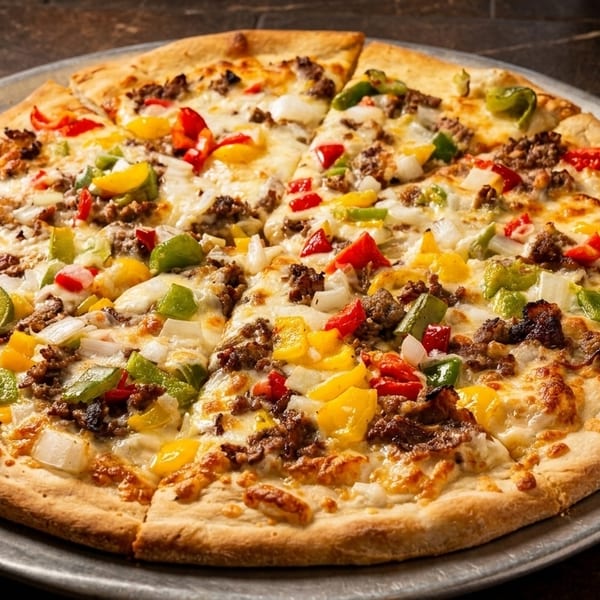 A whole pizza with ground meat, colorful bell peppers, and onions on a metal pan.