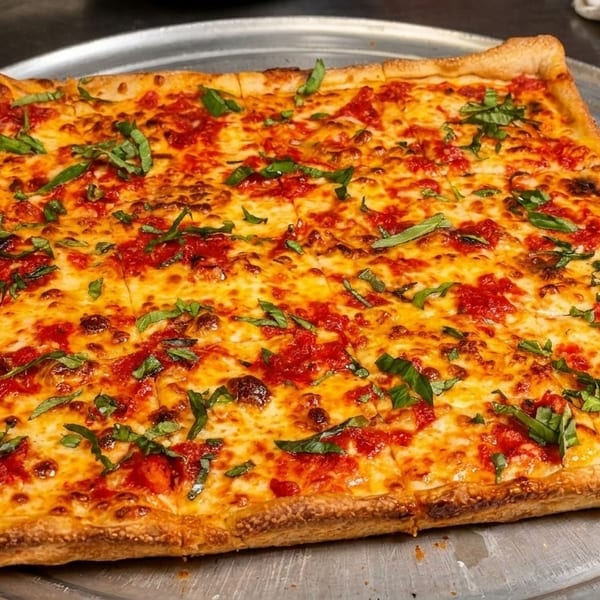 A rectangular Sicilian pizza with melted cheese, red sauce, and fresh basil on a metal tray.