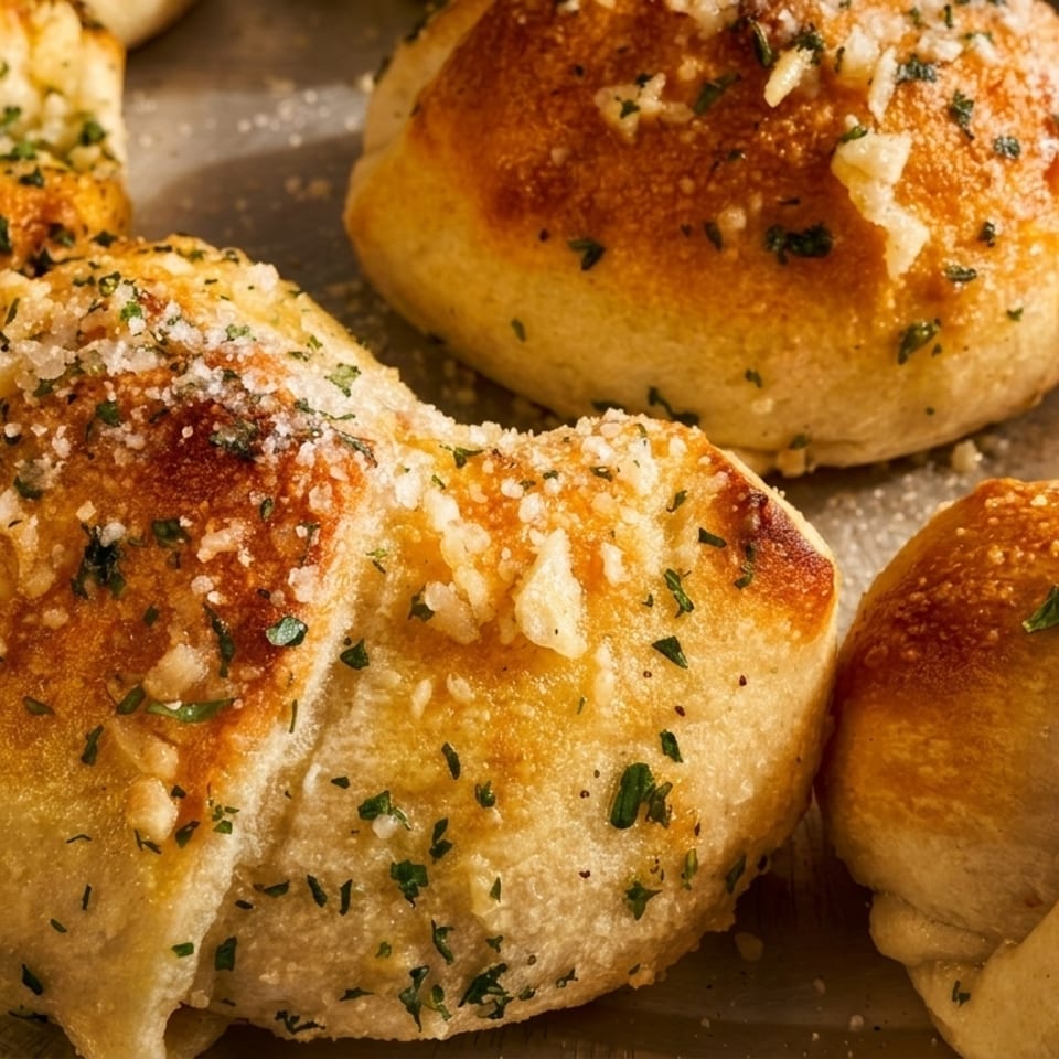 Close-up of golden-brown garlic knots sprinkled with herbs and parmesan cheese on a baking sheet.