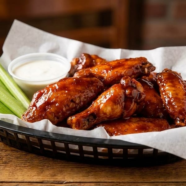 Basket of glossy brown chicken wings with celery sticks and a side of ranch dressing.