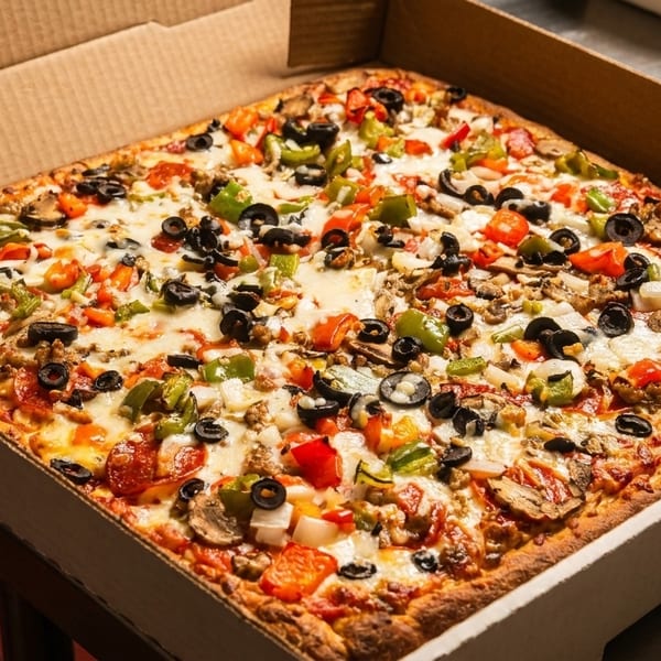 A square, deep-dish pizza with various toppings, including pepperoni, olives, and peppers, in a cardboard box.